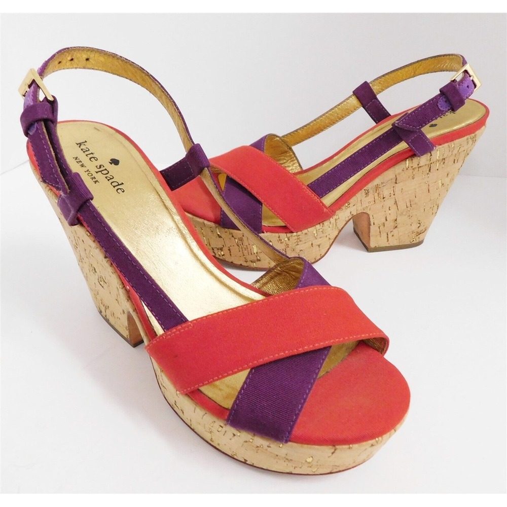 Kate‎ Spade Red Purple Strappy Cork Platform Heel Sandals 6.5 M